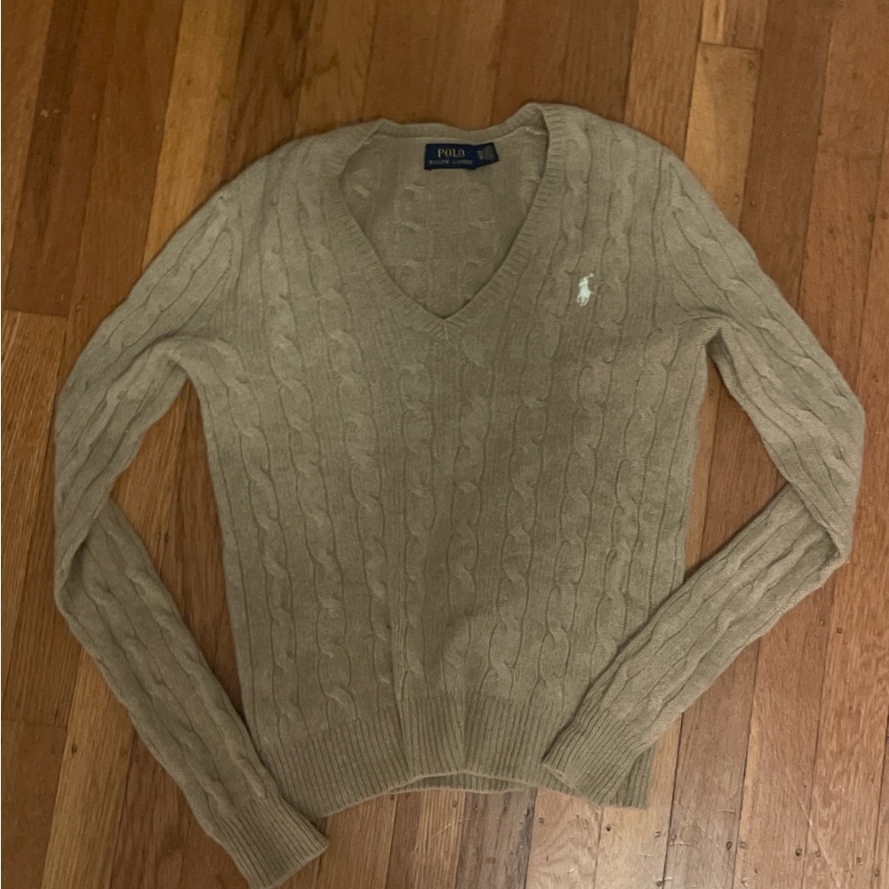 Size XS Cashmere Wool Blend Polo by Ralph Lauren Women's V-Neck Sweater in Tan